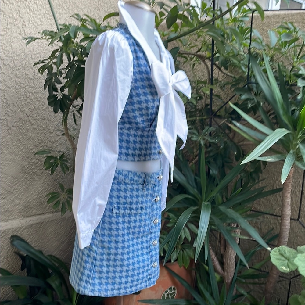 NewBlue Houndstooth Urban Revivo Cotton Skirt Set with Bow Detail - Picture 5 of 15